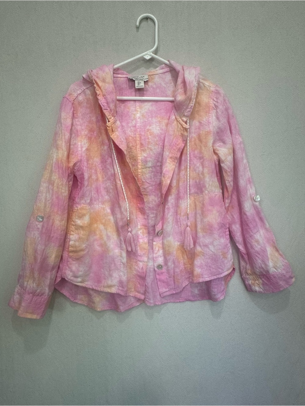 Rachel Zoe Pink & Peach Tie-Dye Linen Hooded Top Lightweight Button Jacket Sz S
